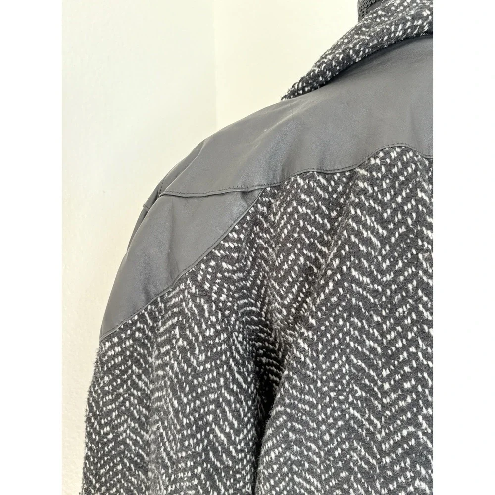 Vintage 80s Herringbone Tweed Wool Coat Leather Trim‎ Working Girl Blazer 9-10